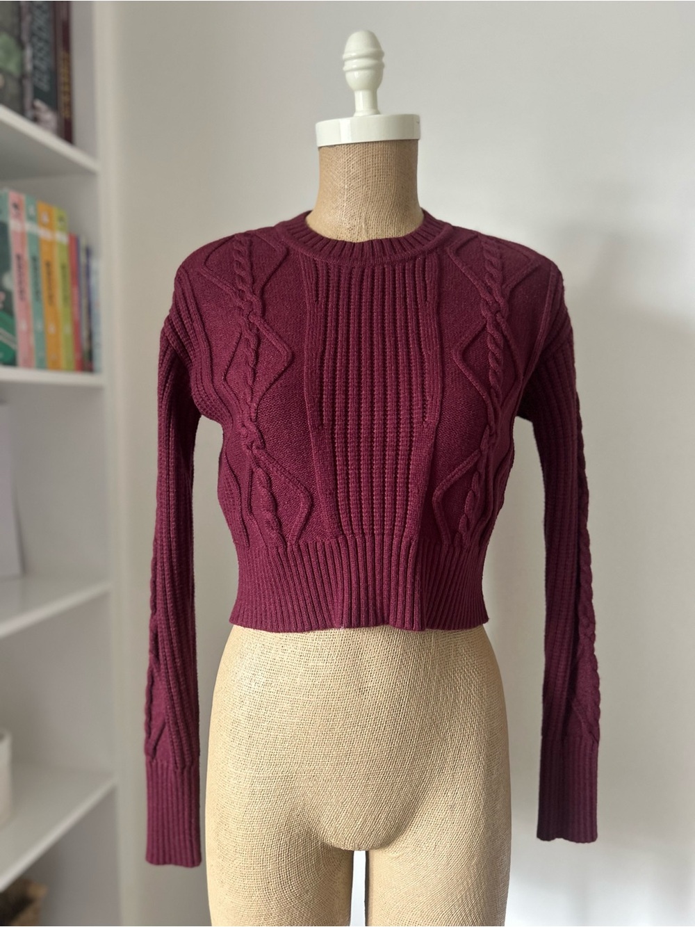Dkny Cable Knit Crewneck Crop Sweater - Burgundy